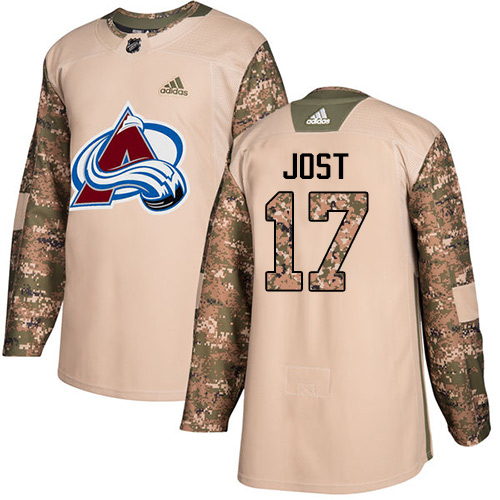 Adidas Avalanche #17 Tyson Jost Camo Authentic Veterans Day Stitched NHL Jersey - Click Image to Close